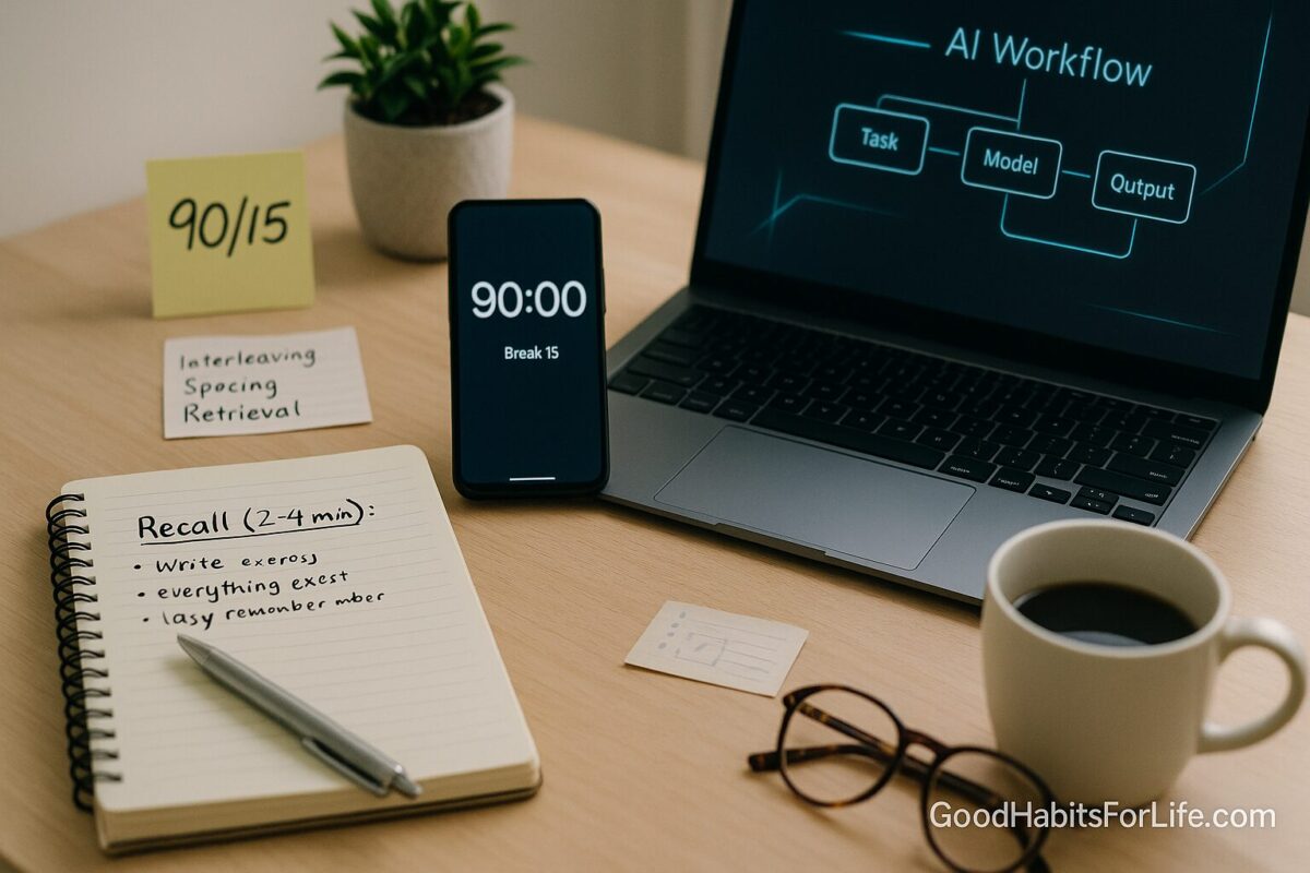 Study Sprints: 90 On / 15 Off with a Recall Break: AI workflows (2025)